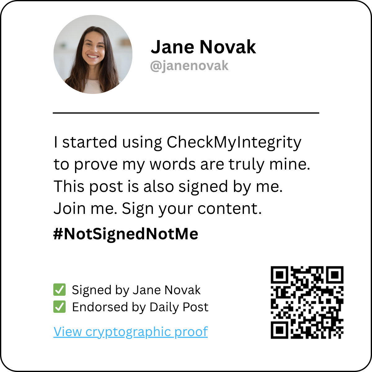 Example of a verified post through Check My Integrity - Jane Novak's post signed and endorsed by Daily Post